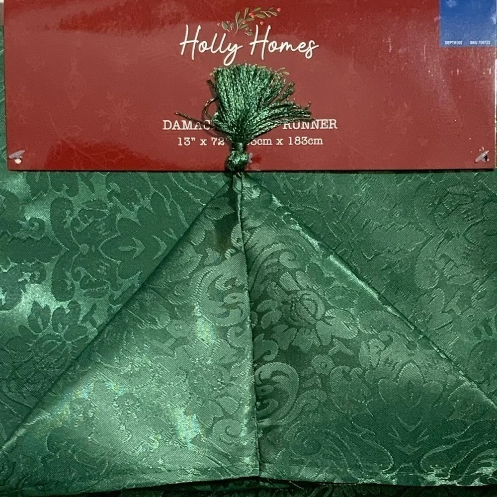 Holly Homes Table Runner Silky Holiday Christmas Green Damask 13 in x 72 in